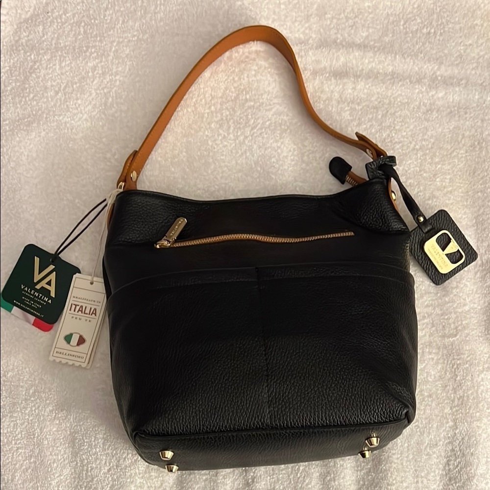 Valentina Black and Tan Hobo Bag with Metallic Accents
